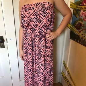 Long, pink/salmon dress with navy blue design
